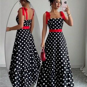SHEIN Black & White Polka Dot Maxi Dress with Red Ties
